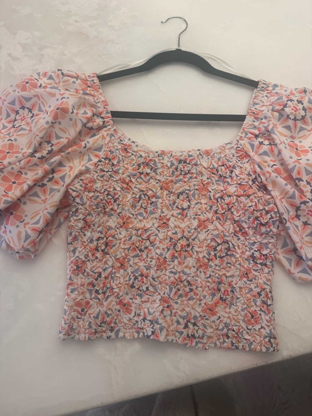 dolan Smocked Puff-Sleeve Crop Top in Pink and Coral Floral